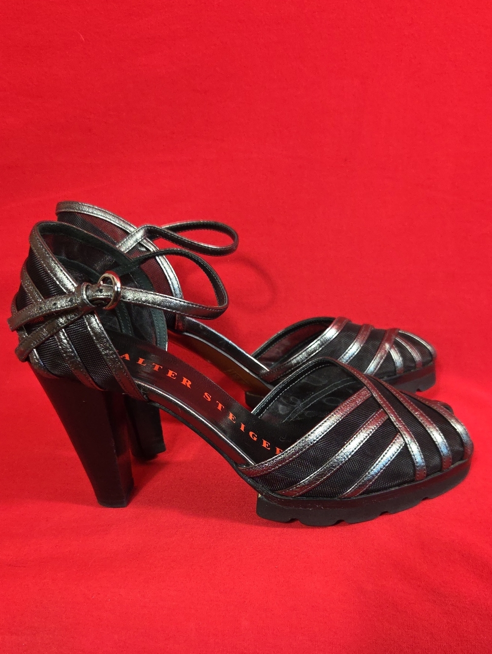Walter Steiger black silver mesh platform heels Womens Size 7.5 37.5